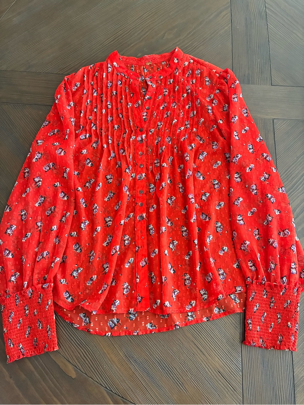 Free People Red Floral Pintuck Button-Front Blouse